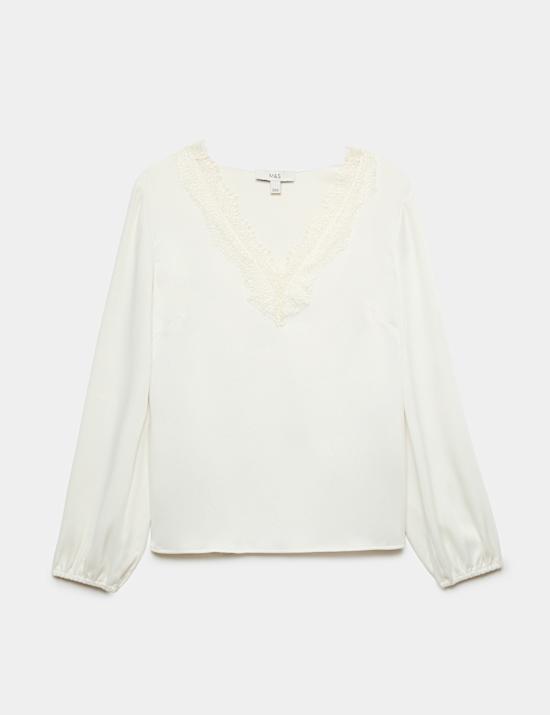 Satin V Neck Lace Detail Top