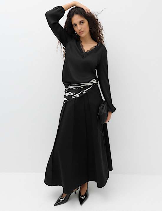 Satin V Neck Lace Detail Top