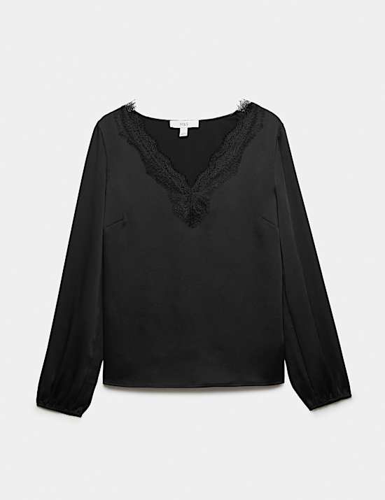 Satin V Neck Lace Detail Top