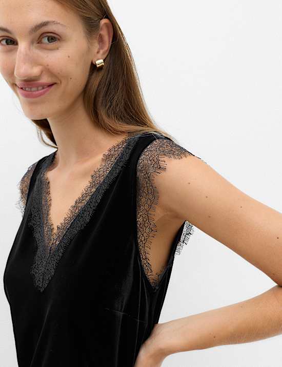 Velvet V Neck Lace Insert Cami Top