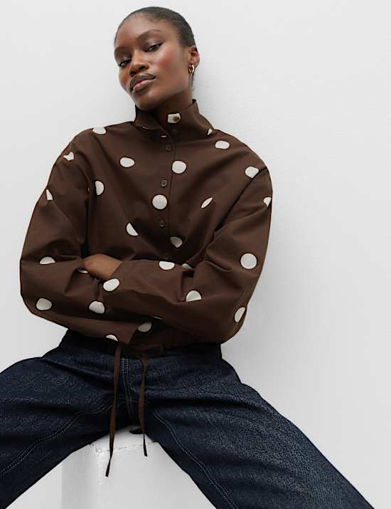 Pure Cotton Polka Dot Funnel Neck Drawstring Shirt