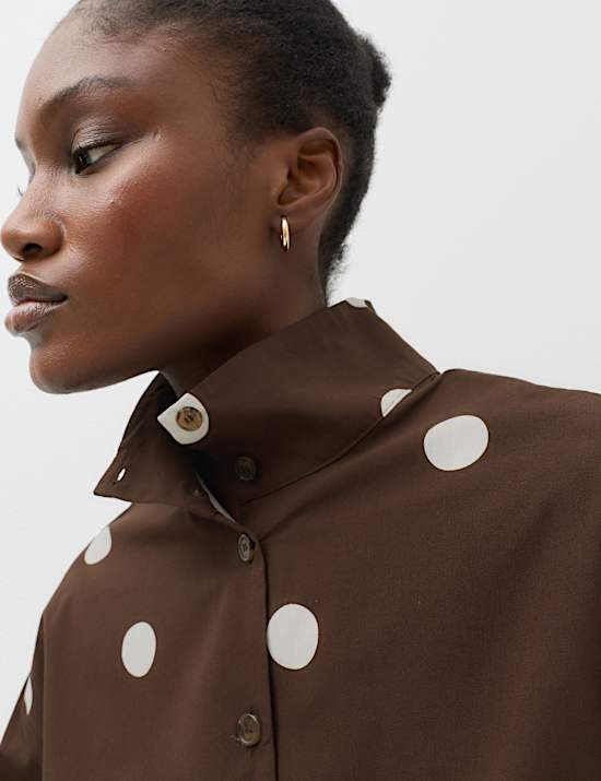 Pure Cotton Polka Dot Funnel Neck Drawstring Shirt