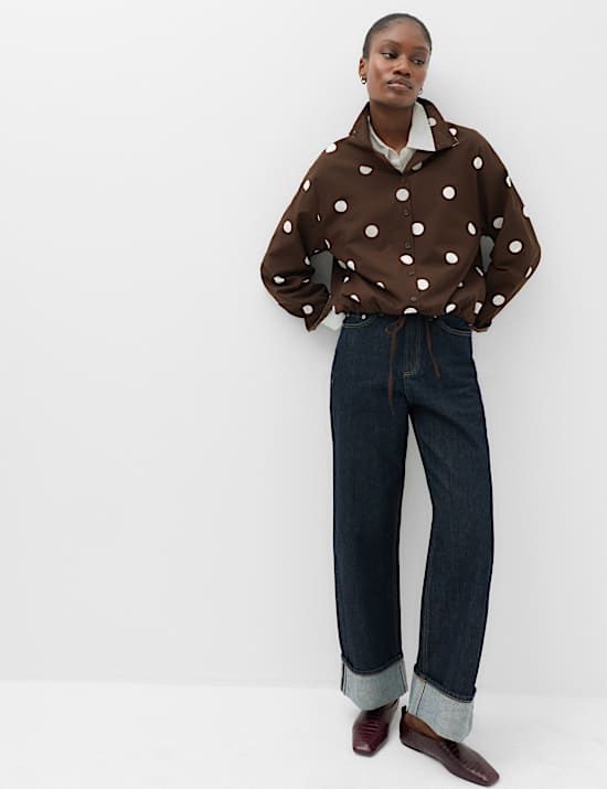 Pure Cotton Polka Dot Funnel Neck Drawstring Shirt
