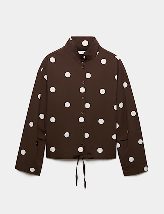 Pure Cotton Polka Dot Funnel Neck Drawstring Shirt