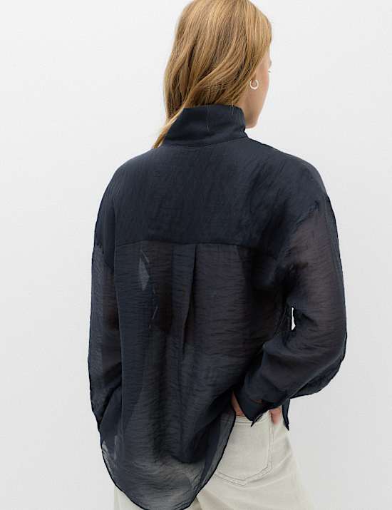 Lyocell Rich Sheer Funnel Neck Relaxed Shirt
