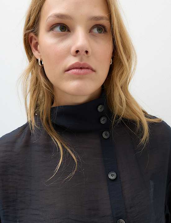 Lyocell Rich Sheer Funnel Neck Relaxed Shirt