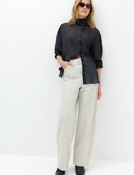 Lyocell Rich Sheer Funnel Neck Relaxed Shirt
