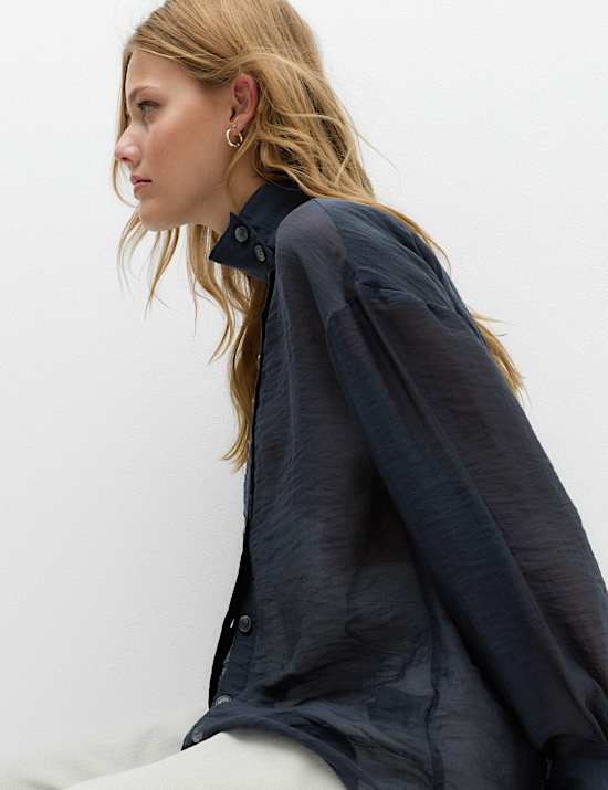 Lyocell Rich Sheer Funnel Neck Relaxed Shirt