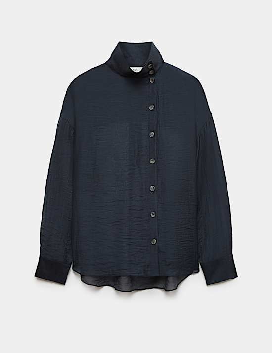 Lyocell Rich Sheer Funnel Neck Relaxed Shirt