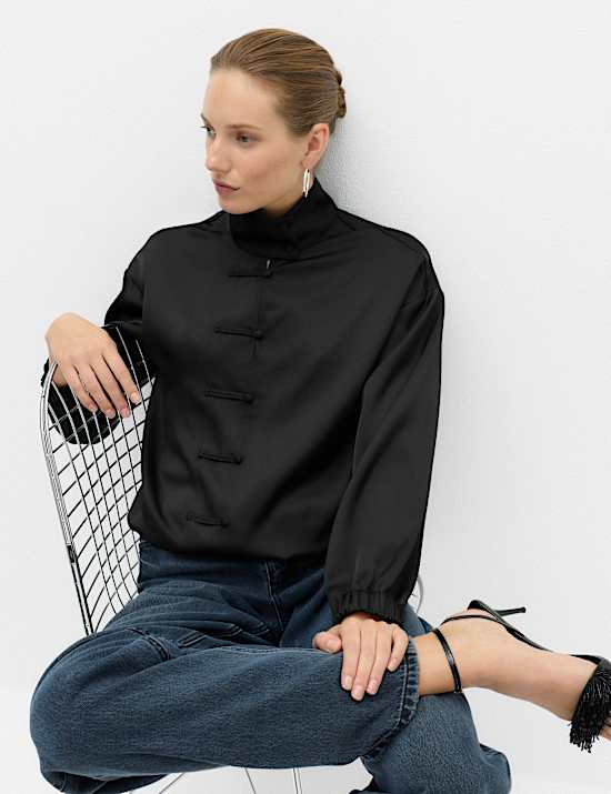Satin Funnel Neck Button Detail Shirt