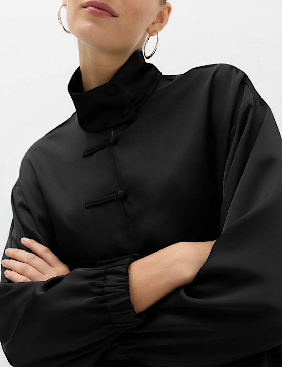 Satin Funnel Neck Button Detail Shirt