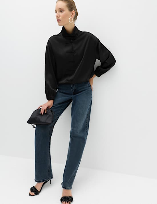 Satin Funnel Neck Button Detail Shirt