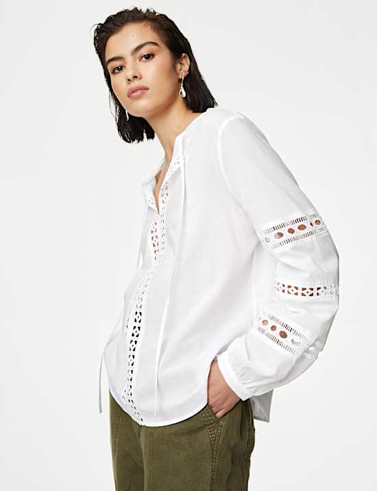 Pure Cotton Broderie Tie Neck Blouse