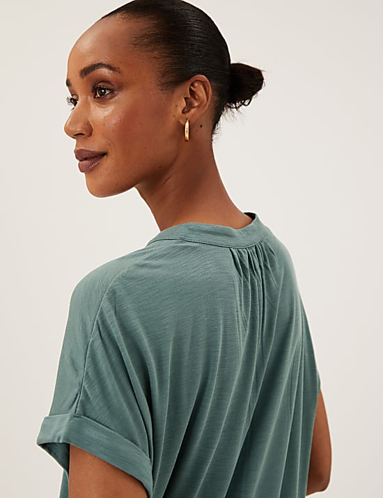 Jersey V-Neck Short Sleeve Popover Blouse