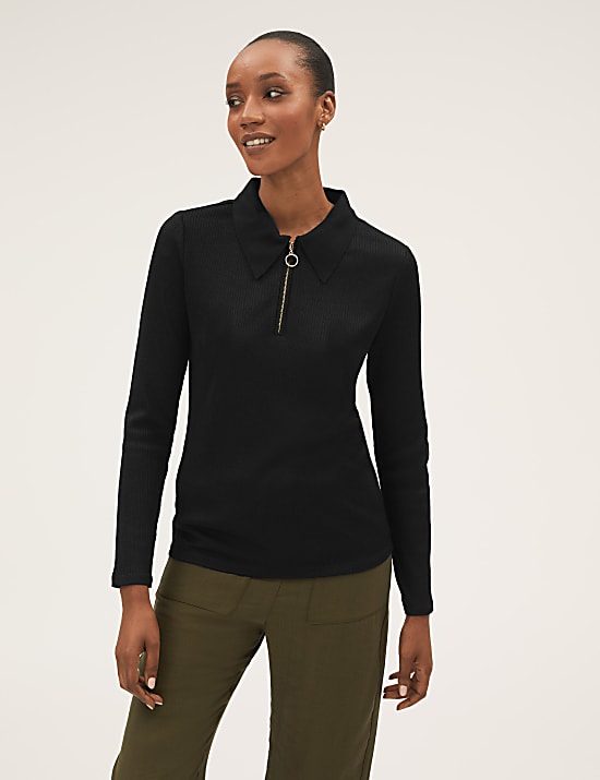 Ribbed Collared Fitted Long Sleeve Top