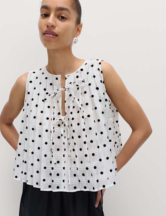 Lyocell Blend Polka Dot Tie Front Top