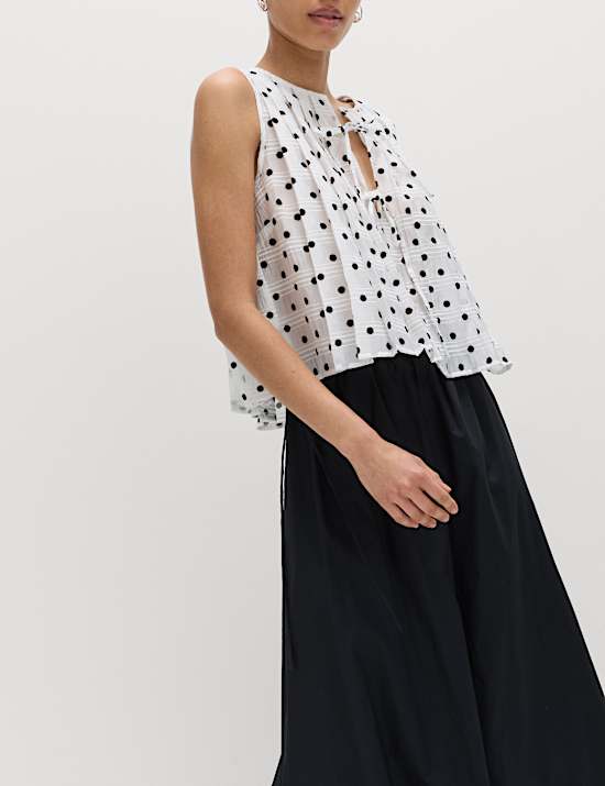 Lyocell Blend Polka Dot Tie Front Top