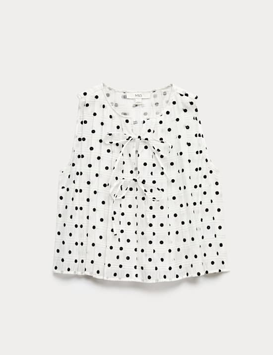 Lyocell Blend Polka Dot Tie Front Top