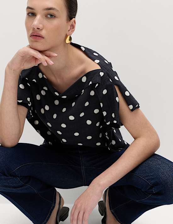 Cotton Blend Spot Print Ruffle Draped Top