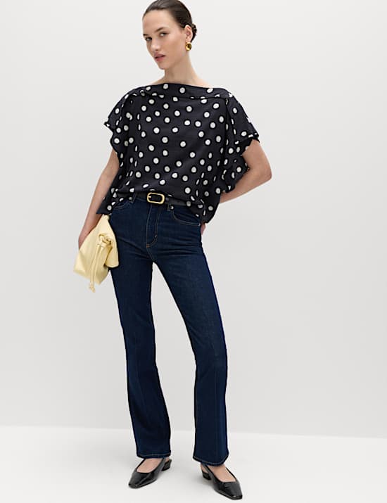 Cotton Blend Spot Print Ruffle Draped Top