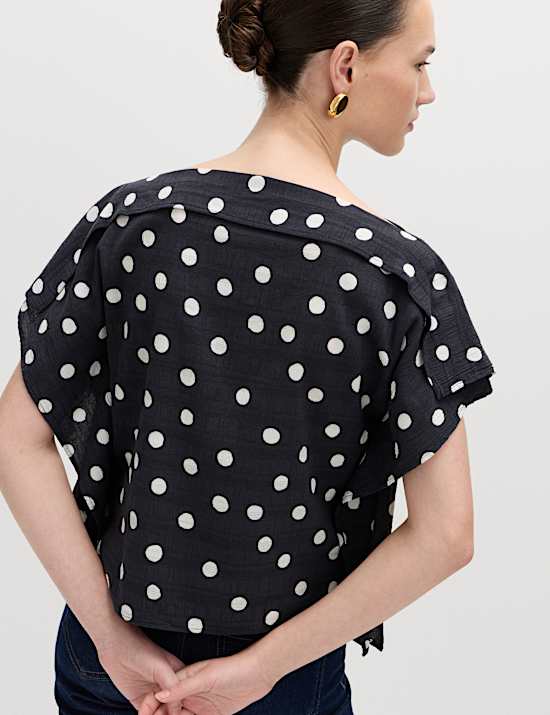 Cotton Blend Spot Print Ruffle Draped Top