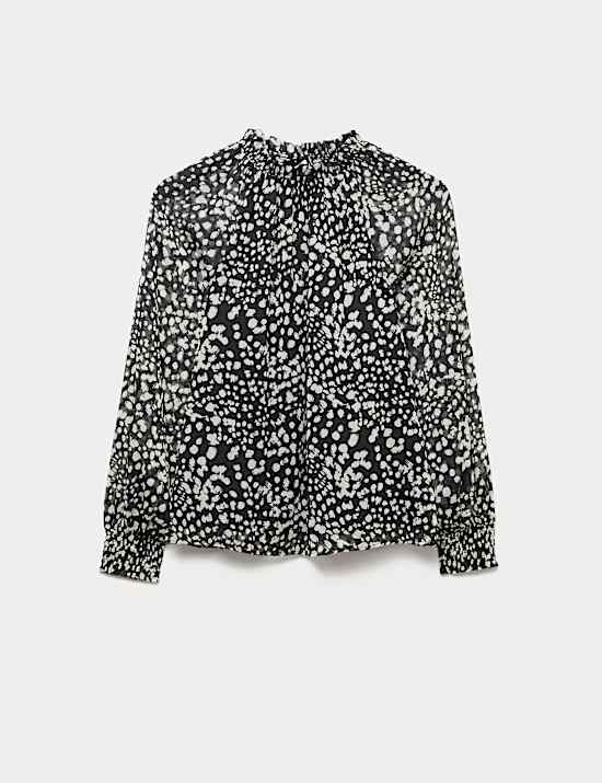 Sheer Floral Printed Long Blouson Sleeve Blouse