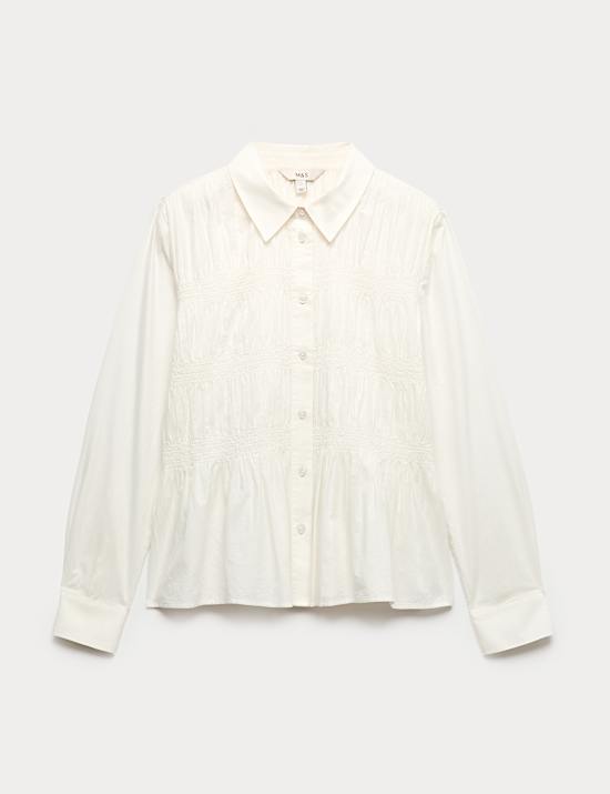Pure Cotton Shirred Collared Shirt