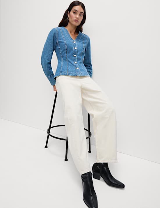 Pure Cotton Denim V-Neck Buttoned Slim Fit Shirt