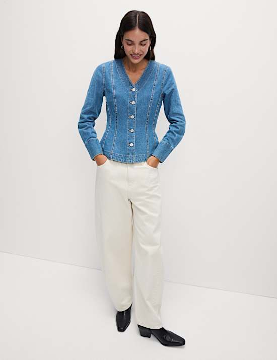 Pure Cotton Denim V-Neck Buttoned Slim Fit Shirt