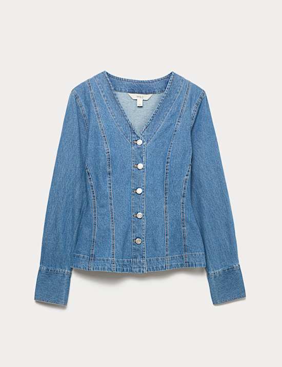 Pure Cotton Denim V-Neck Buttoned Slim Fit Shirt