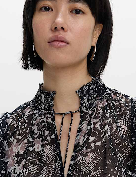 Printed Sparkly Shirred High Neck Ruffle Blouse