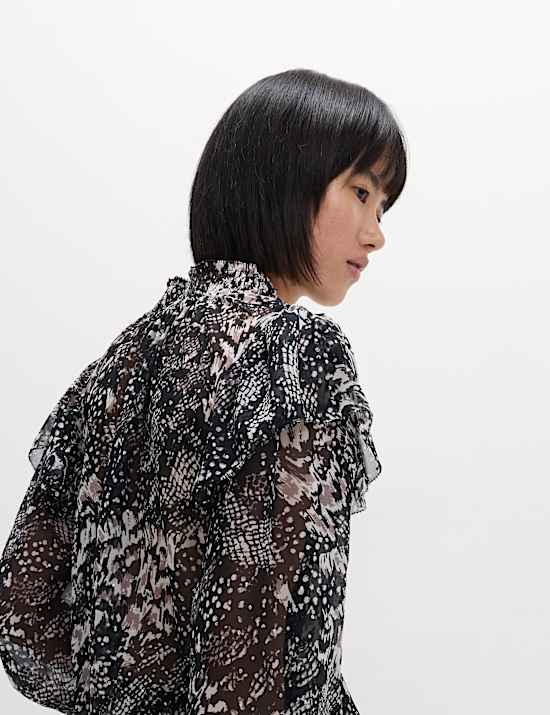 Printed Sparkly Shirred High Neck Ruffle Blouse