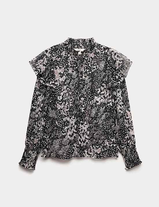 Printed Sparkly Shirred High Neck Ruffle Blouse