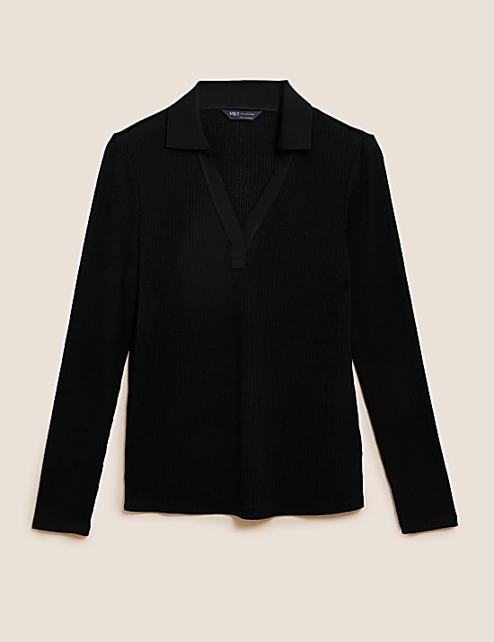 Ribbed Collared Long Sleeve Top