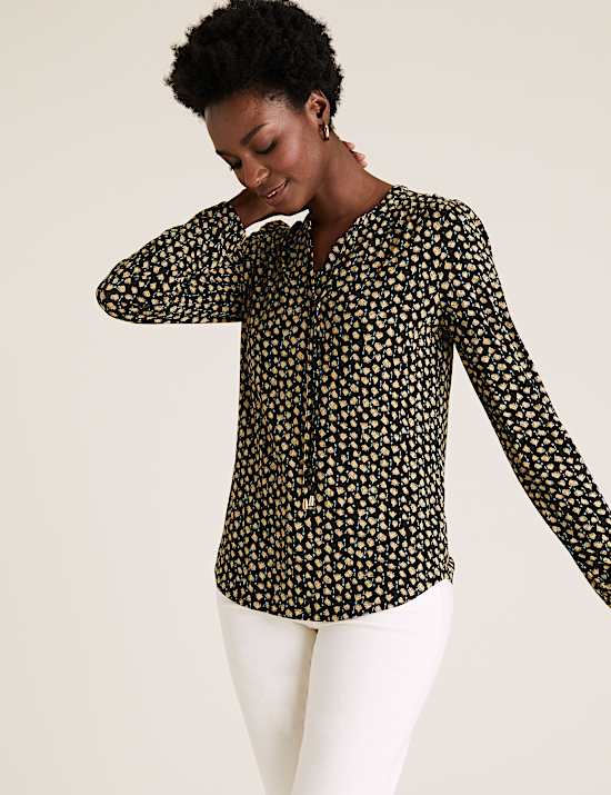 Jersey Printed Tie Neck Relaxed Top