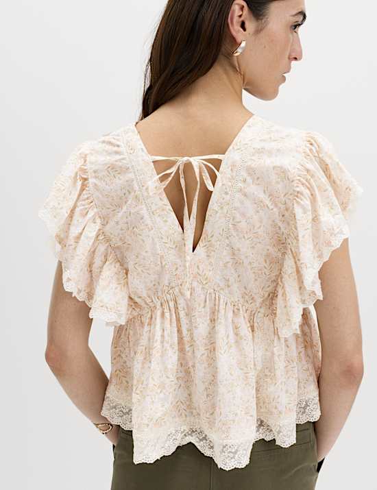 Pure Cotton Ruffle Embroidered Detail Blouse