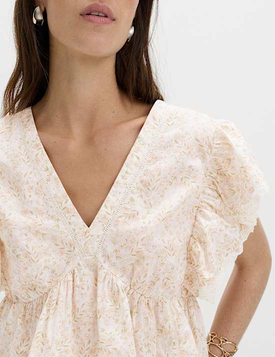 Pure Cotton Ruffle Embroidered Detail Blouse