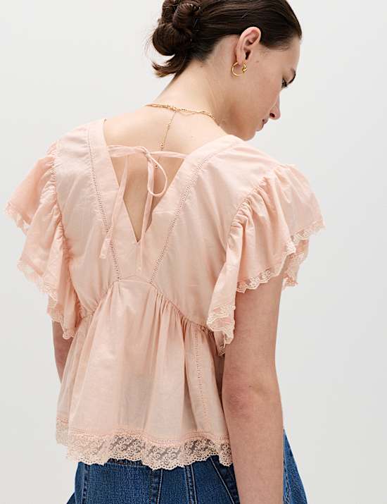 Chemisier 100 % coton &agrave; volants et d&eacute;tail brod&eacute;