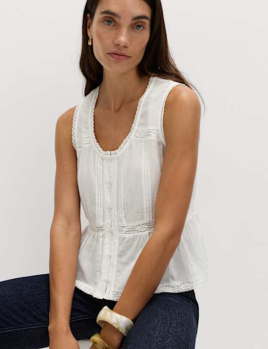 Pure Cotton Lace Insert Peplum Top