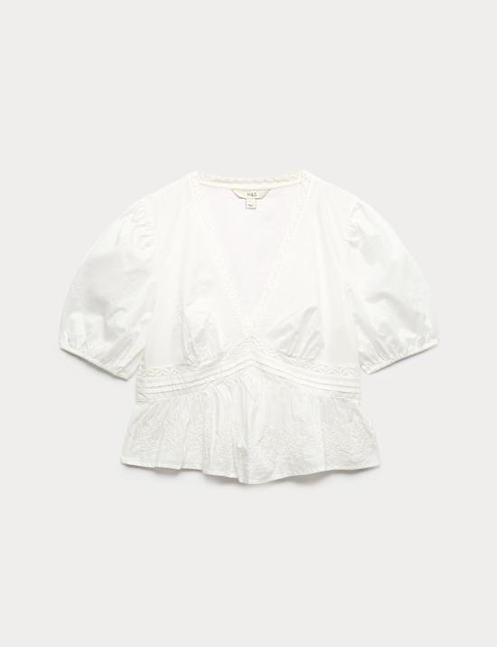 Bluzka z wiązanym dekoltem w serek, haftowana, 100% bawełny