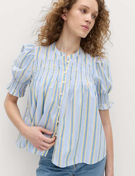 Pure Cotton Striped Shirred Blouse