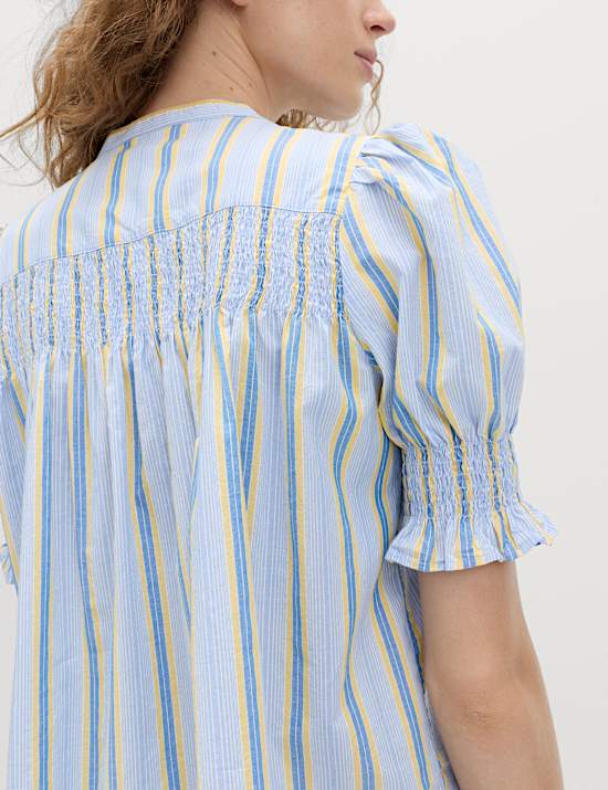 Pure Cotton Striped Shirred Blouse