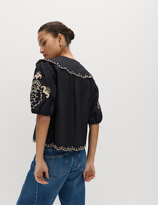 Pure Cotton Embroidered Collared Blouse