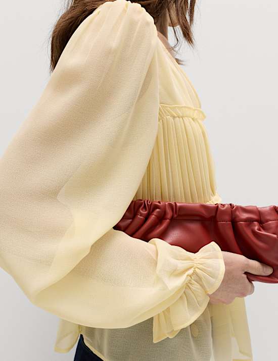 V-Neck Ruffle Detail Long Sleeve Blouse