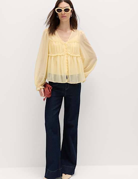 V-Neck Ruffle Detail Long Sleeve Blouse