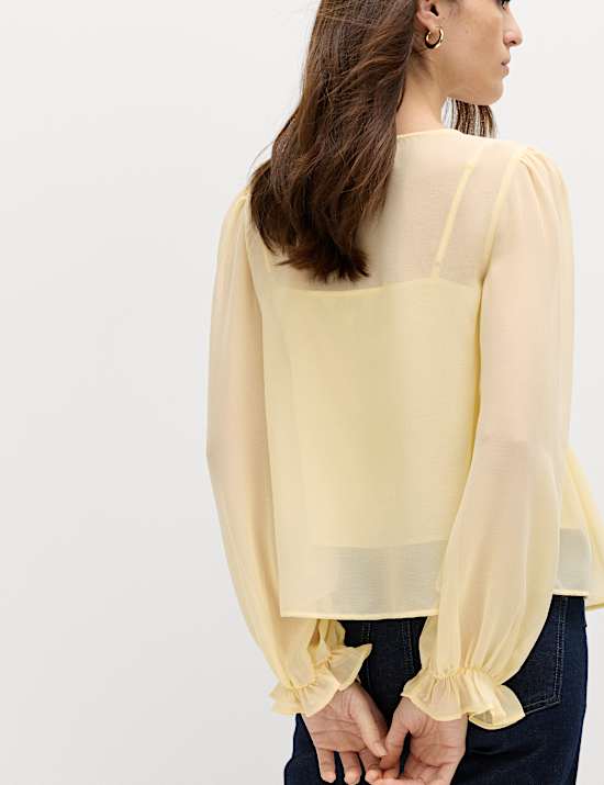V-Neck Ruffle Detail Long Sleeve Blouse