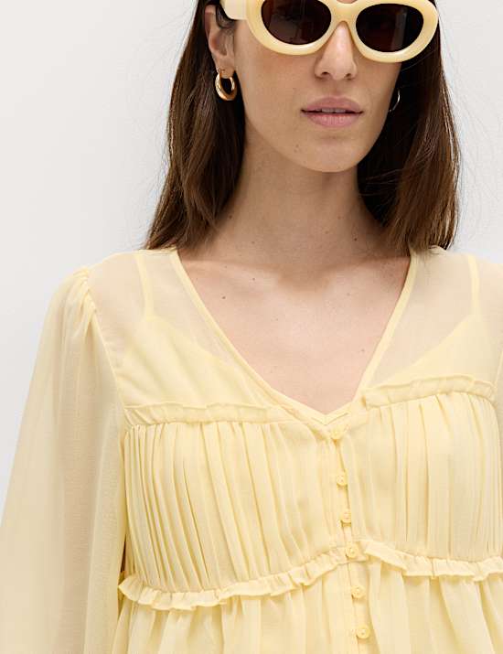 V-Neck Ruffle Detail Long Sleeve Blouse