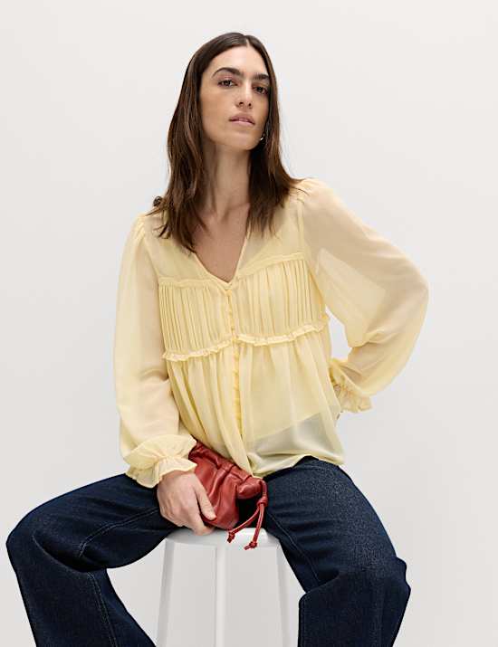 V-Neck Ruffle Detail Long Sleeve Blouse