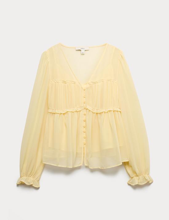 V-Neck Ruffle Detail Long Sleeve Blouse