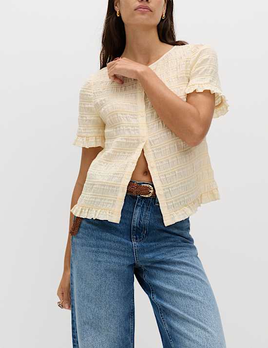 Collarless Shirred Button Through Top